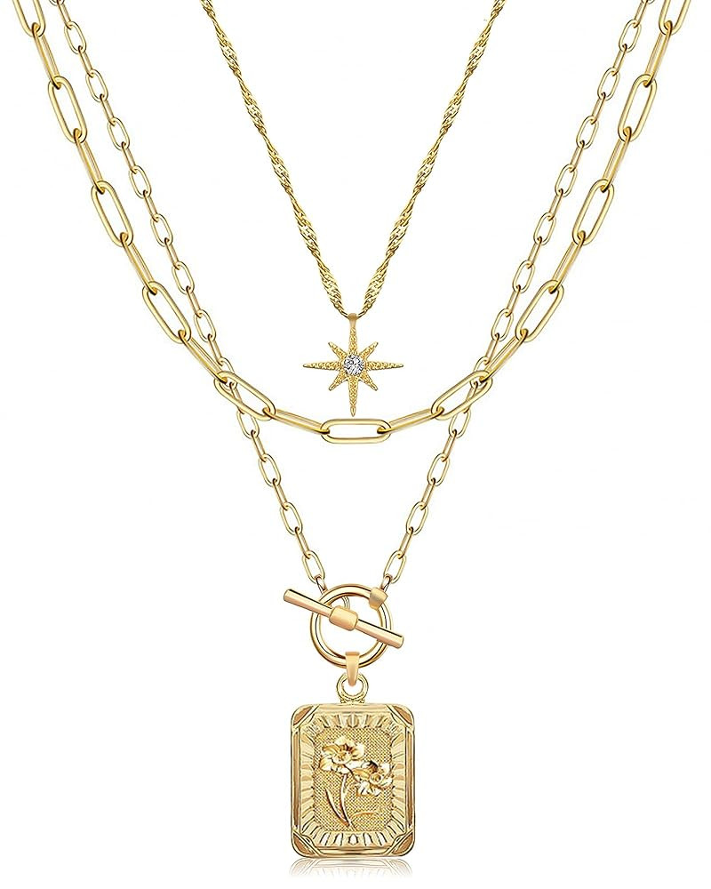 MJartoria Layered Necklaces for Women Trendy, 14K Gold Plated Brass Simple Star Choker Square Flo... | Amazon (US)