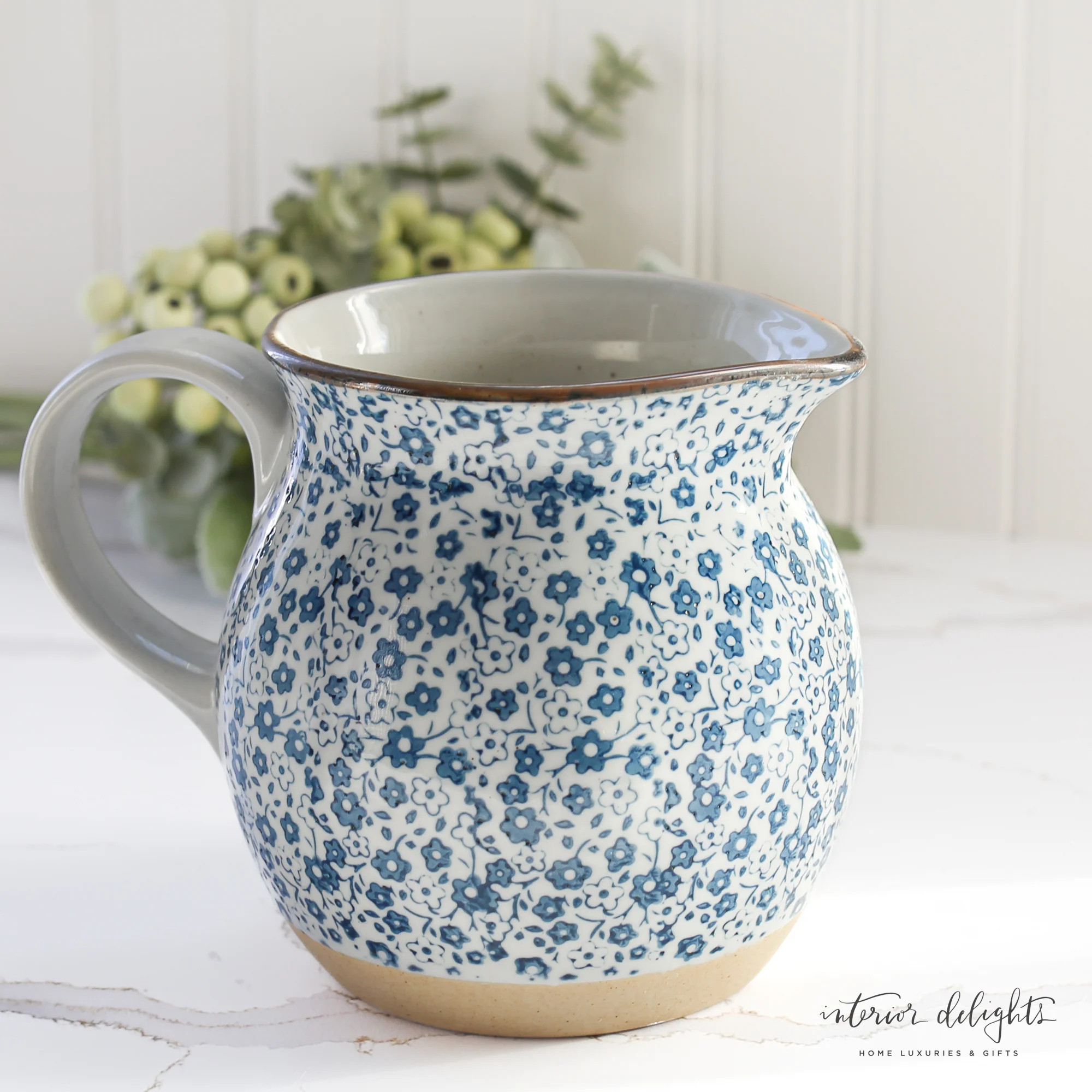 Blue Floral Print Stoneware Pitcher | Interior Delights