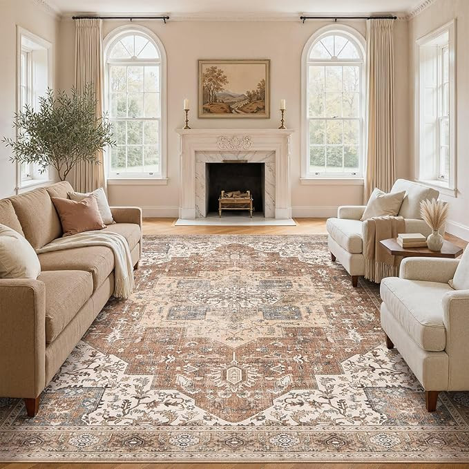 Washable Rug 10x14 Area Rugs: Boho Vintage Distressed Oriental Medallion Neutral Thin Large Rug C... | Amazon (US)