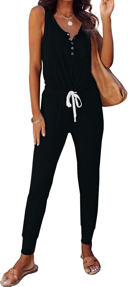 PRETTYGARDEN Women’s Casual Solid Sleeveless Jumpsuit Crewneck Drawstring Waist Stretchy Long Pants  | Amazon (US)