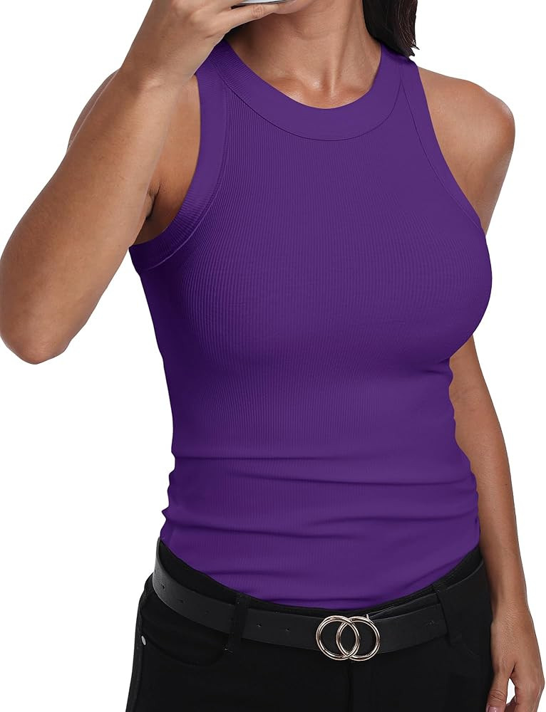 GEMBERA Womens Sleeveless Racerback High Neck Casual Basic Cotton Ribbed Fitted Tank Top | Amazon (US)