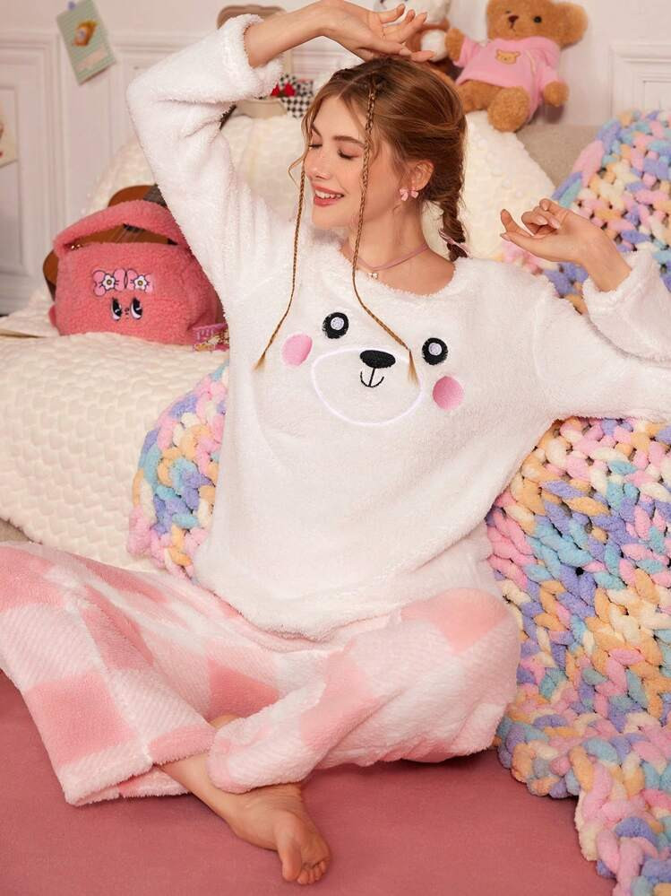 SweetSlumber Animal Expression-pyjamaset voor dames met ronde hals en lange mouwen | SHEIN