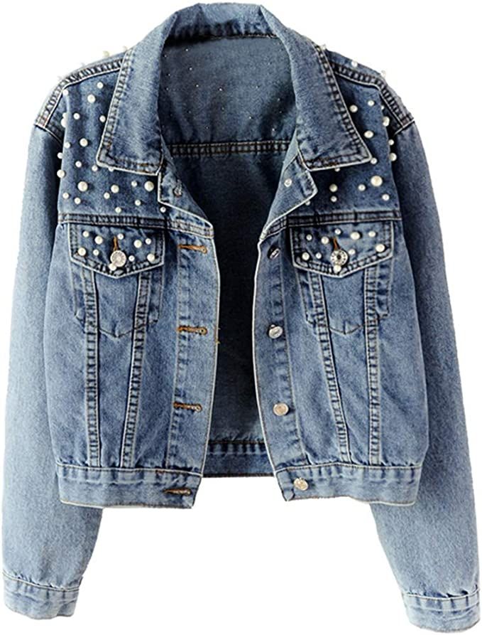 Kedera Women Oversized Denim Jacket Embroidered Pearls Beading Jeans Coat | Amazon (US)