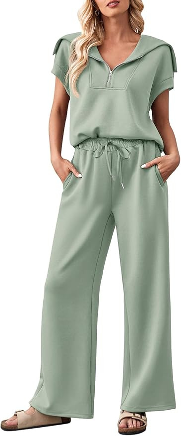 MEROKEETY Women 2 Piece Outfits Sweatsuit Set Half Zip Lapel Collar Short Sleeve Sweatshirt Wide ... | Amazon (US)
