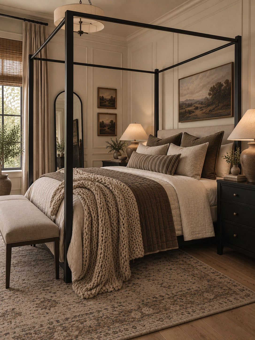Warm Neutral Bedroom 🤎 This sophisticated bedroom layers timeless transitional style with cozy organic modern details for an elevated, collected look. A dramatic black four poster canopy bed anchors the space, while creamy quilted bedding, chocolate brown accents, oversized neutral pillows, a chunky knit throw, vintage-inspired landscape artwork, warm ceramic lamps, an arched floor mirror, and a muted patterned area rug bring softness and depth. Classic wall molding, woven shades, linen curtains, dark wood nightstands, and earthy neutral tones make this bedroom feel luxurious, warm, and inviting.

🖤 If you want to see more content like this, FOLLOW maeveandmodern on LTK, Instagram, and Pinterest! Check out our blog where we post daily, maeveandmodern.com!

Warm Neutral Bedroom | Cozy Bedroom Ideas | Transitional Bedroom | Organic Modern Bedroom | Four Poster Bed | Black Canopy Bed | Canopy Bed Ideas | Luxury Bedroom Inspiration | Neutral Bedding | Brown Bedroom Decor | Chocolate Brown Decor | Cream Bedding | Layered Bedding | Chunky Knit Throw | Neutral Throw Pillows | Bedroom Rug Ideas | Vintage Inspired Rug | Landscape Wall Art | Bedroom Wall Molding | Picture Frame Molding | Arched Floor Mirror | Linen Curtains | Woven Shades | Dark Wood Nightstands | Ceramic Table Lamps | Earth Tone Bedroom | Traditional Bedroom Decor | Modern Traditional Style | Collected Interiors | Cozy Home Inspiration

#LTKHome #LTKSaleAlert  #LTKSeasonal 

 