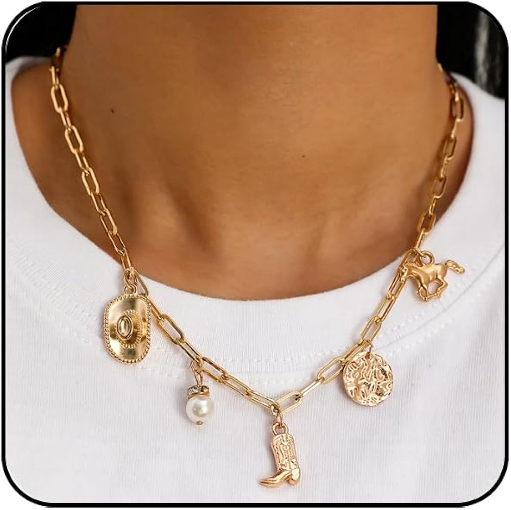 Western Cowboy Necklaces for Women Trendy Cowgirl Hat Boots Charm Gold Chain Necklace Western Cow... | Amazon (US)