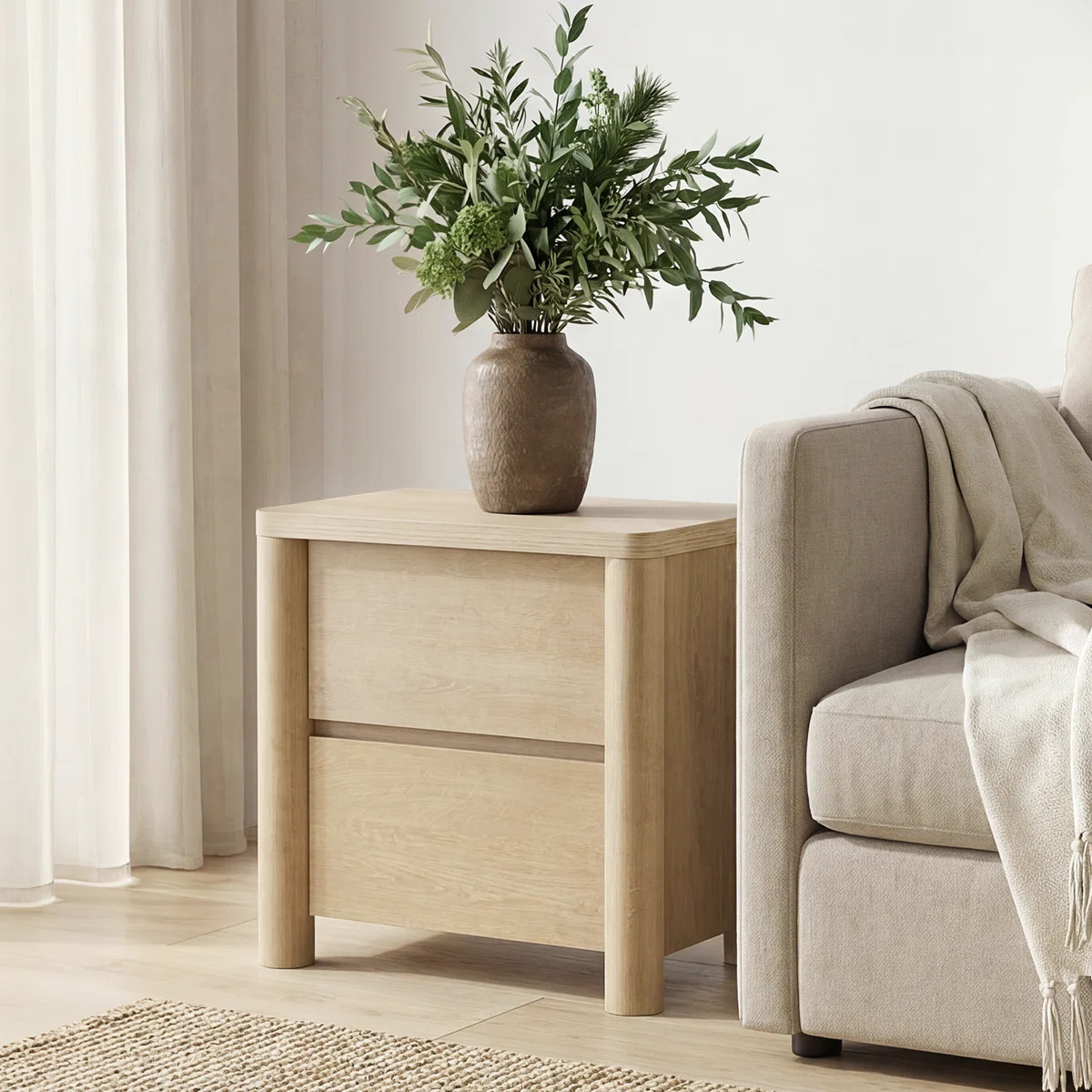 Jarne 25.6" Tall Natural Nightstand Modern Bedside Table With 2 Drawers Curved Wood End Table For... | Wayfair North America