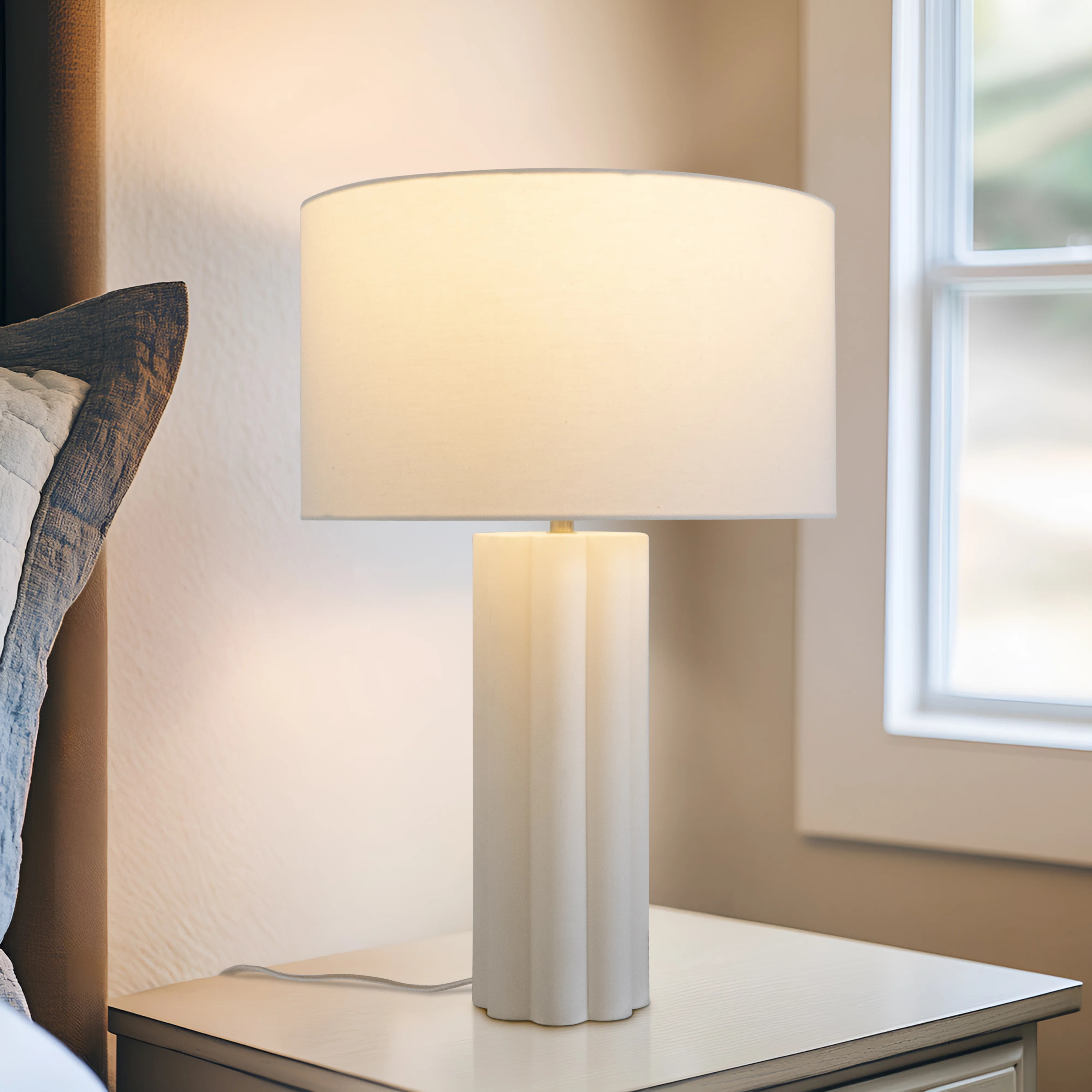 Becca 2 Ft. Modern And Geometric Tall Pillar LED Bedside, Table, Desk Lamp With Cream Fabric Shad... | Wayfair North America