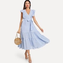 Ruffle Trim Tired Striped Wrap Dress | SHEIN