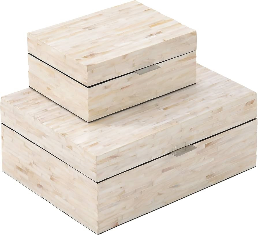 Deco 79 Mother of Pearl Handmade Box with Hinged Lid, Set of 2 12", 8"W, White | Amazon (US)