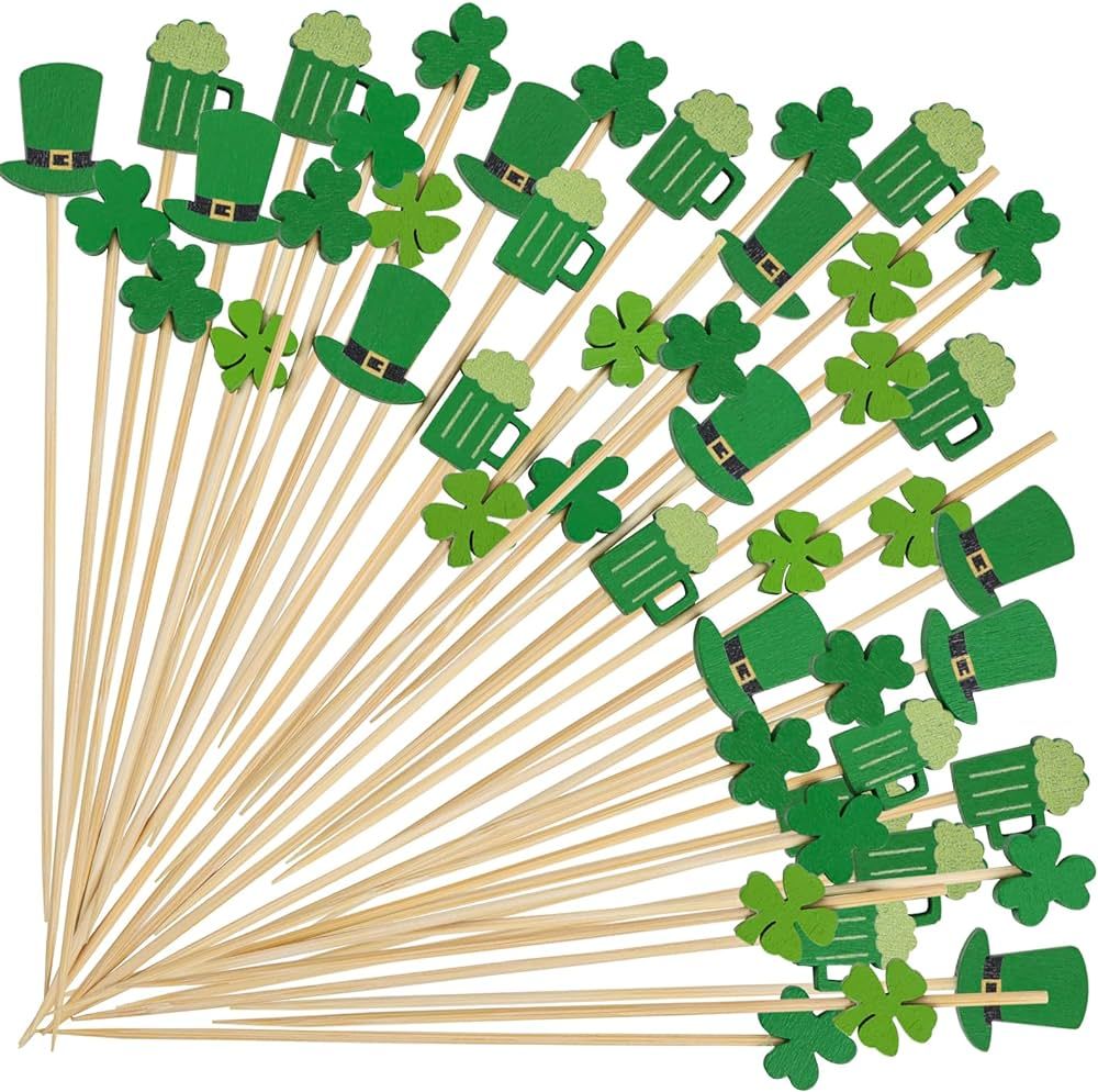 KIMOBER 200Pcs St. Patrick's Day Cocktail Picks,4.7 Inch Green Shamrock Clovers Hat Beer Bamboo T... | Amazon (US)