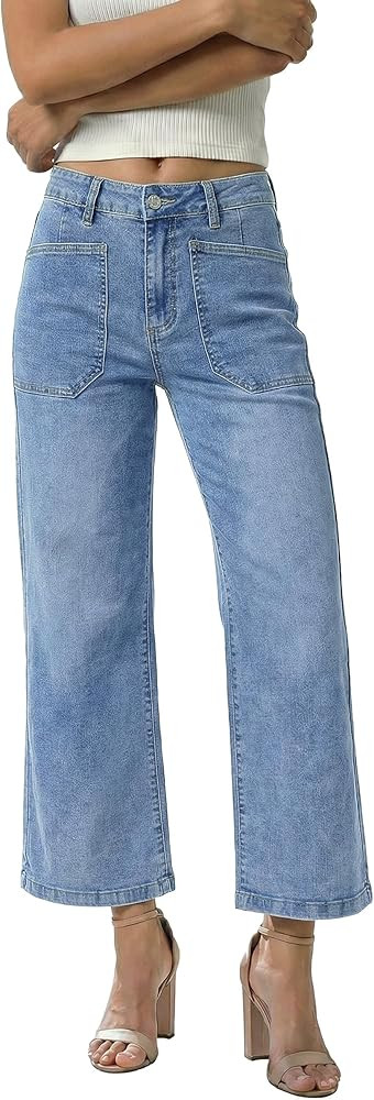 GRAPENT Wide Leg Jeans Woman Trendy Cropped High Waisted Patch Pocket Stretch Denim Pants Baggy L... | Amazon (US)