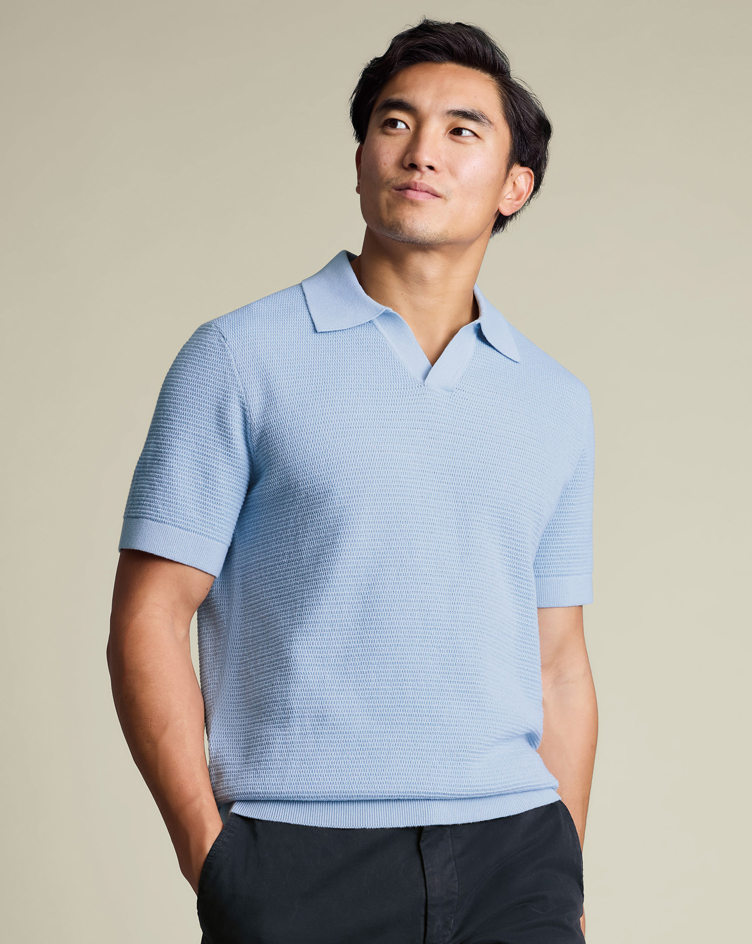 Cotton Texture Trophy Neck Knitted Polo – Sky Blue | Charles Tyrwhitt