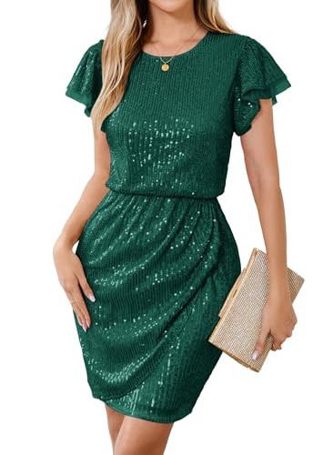 GRACE KARIN Sparkly Shimmer Sequin Green Dress for Women Ruffle Sleeve Club Party Holiday Dresses for Women Green XL | Amazon (US)
