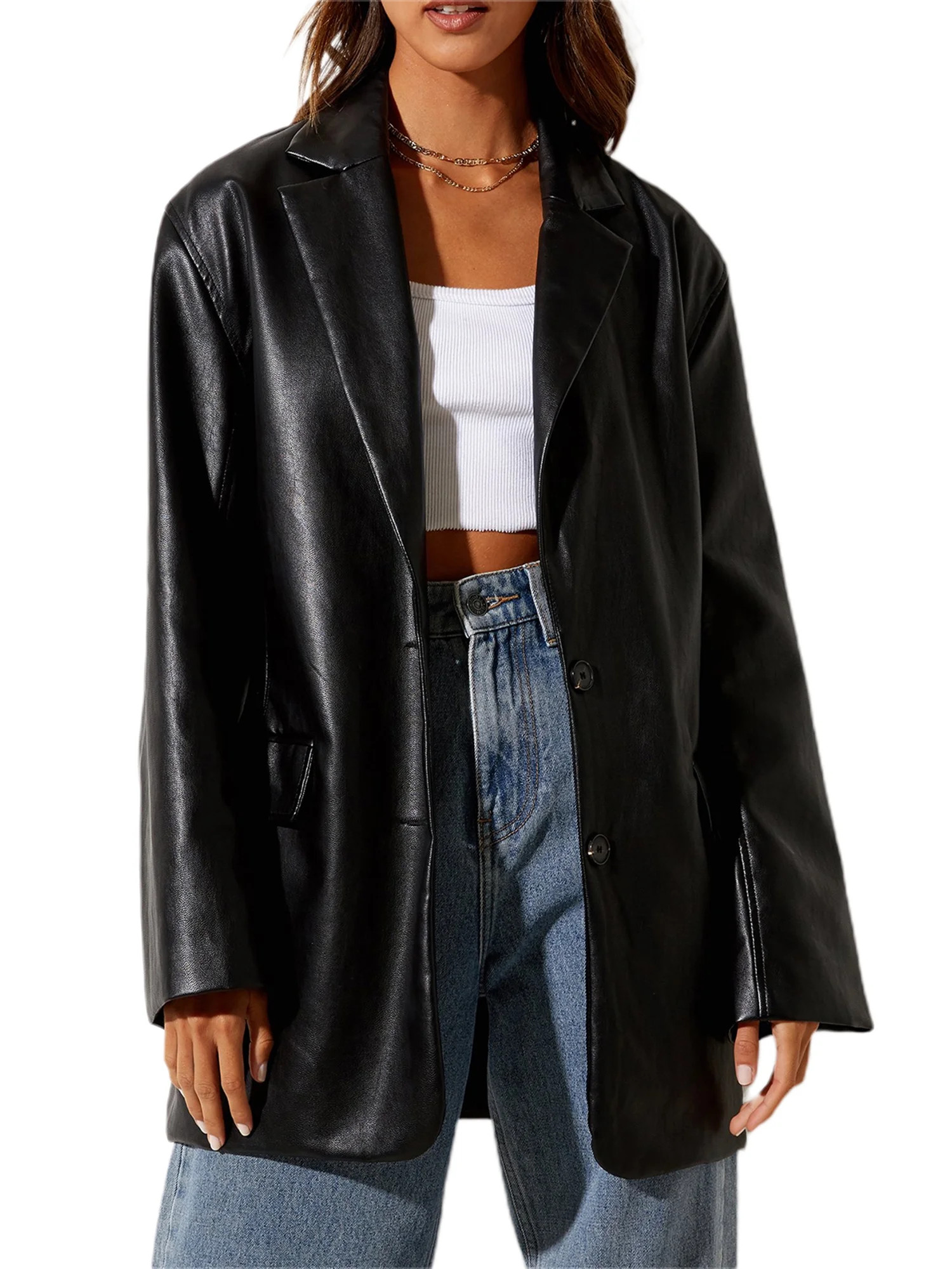 Gwiyeopda Women PU Faux Leather Jacket Casual Lapel Long Suit Trench Coat Outerwear | Walmart (US)