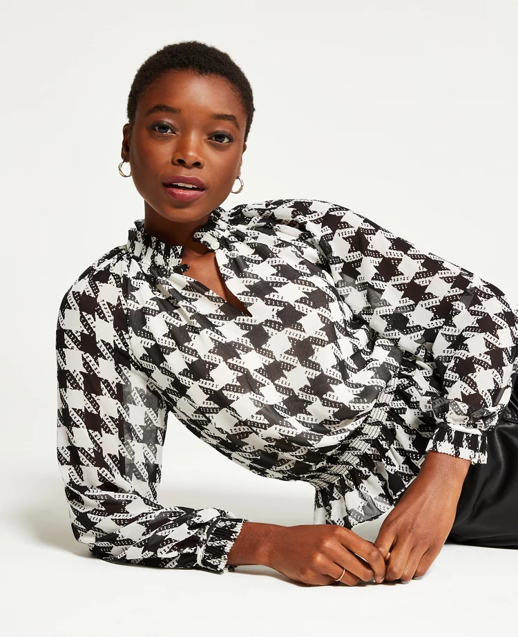 Houndstooth Pleated Smocked Waist Top | Ann Taylor (US)