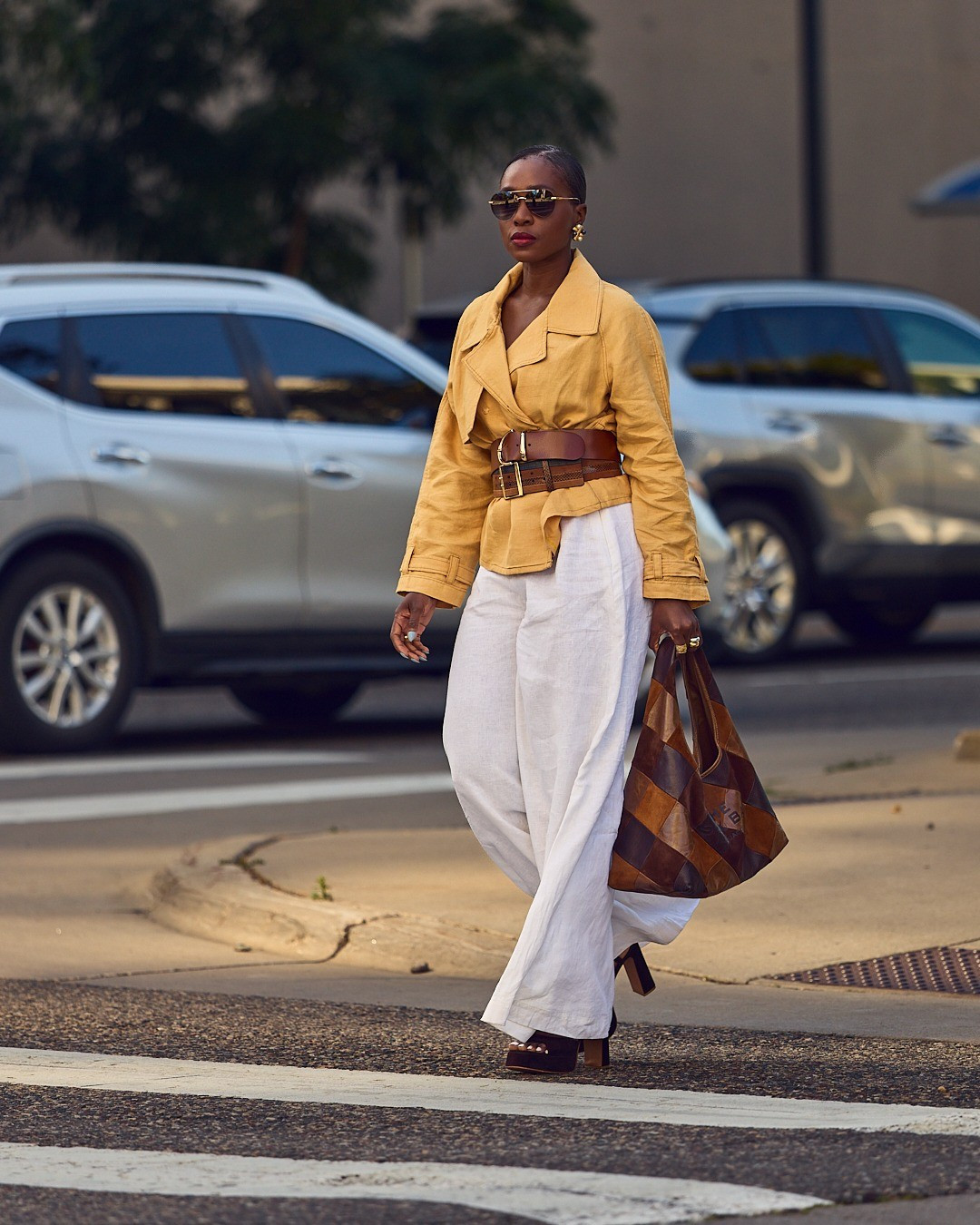 Styling linen pants for Fall 🍂🍁 classic style, transitional outfits, trench coat, wide leather belt, oversized suede bag, platform sandals, Steve Madden, Marc Jacobs, Quay sunglasses

#LTKootd #LTKOver40 #LTKWorkwear