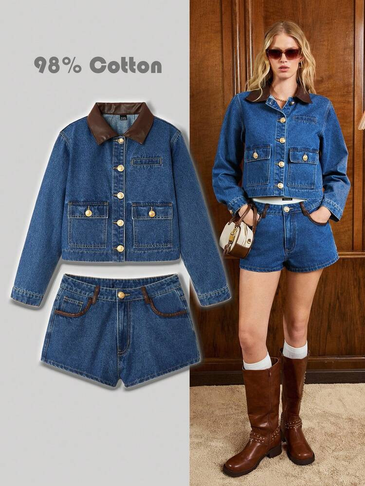 Muvela Women's Fashion Commuter Denim Jacket And Shorts Set, Casual Daily Wear | SHEIN