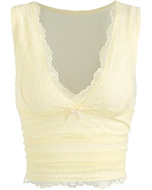 CIDER Lace Crop Tank Tops for Women Going Out V Neck Sleeveless Ruched Tops Trendy Y2K Summer Out... | Amazon (US)