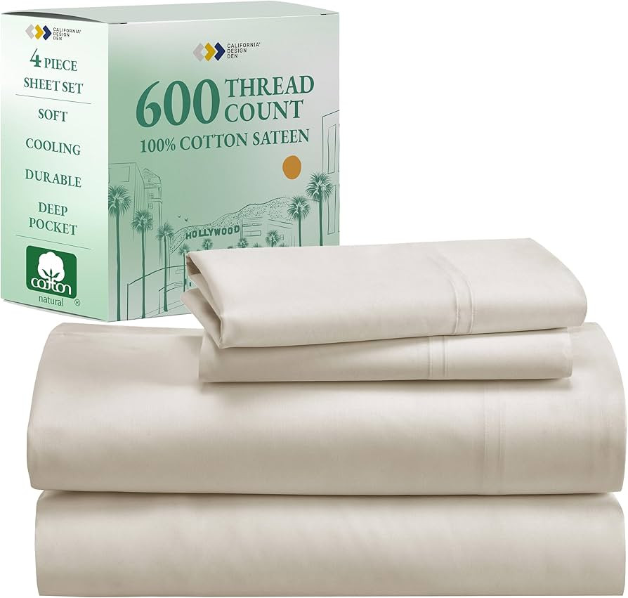 California Design Den Queen Size Sheet Set - Luxury 600 Thread Count Sateen, 100% Cotton Sheets, ... | Amazon (US)
