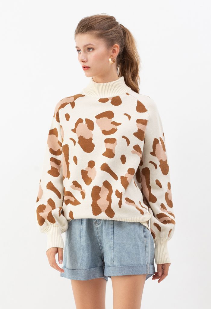 High Neck Irregular Print Ribbed Knit Sweater in Cream | Chicwish