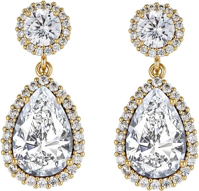 14k Gold Bridal Earrings for Wedding Stud Silver Post Cubic Zirconia Teardrop Dangle Earrings for... | Amazon (US)