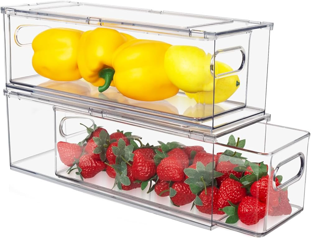 Abiudeng 2 Pack Stackable Refrigerator Organizer Bins with Pull-out Drawer, Drawable Clear Fridge... | Amazon (US)