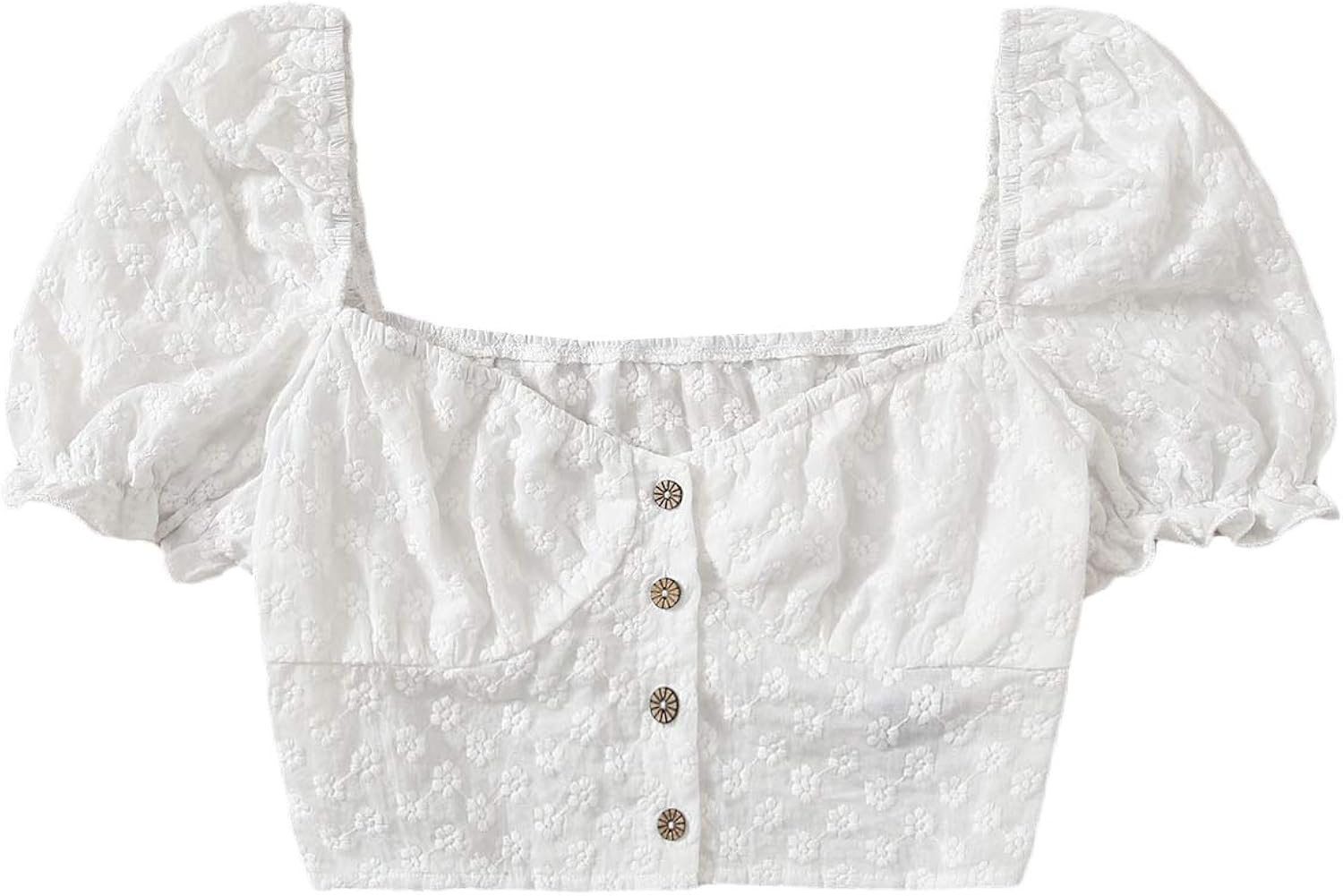 SheIn Women's Puff Sleeve Sweetheart Neck Button Embroidery Boho Crop Blouse Top | Amazon (US)