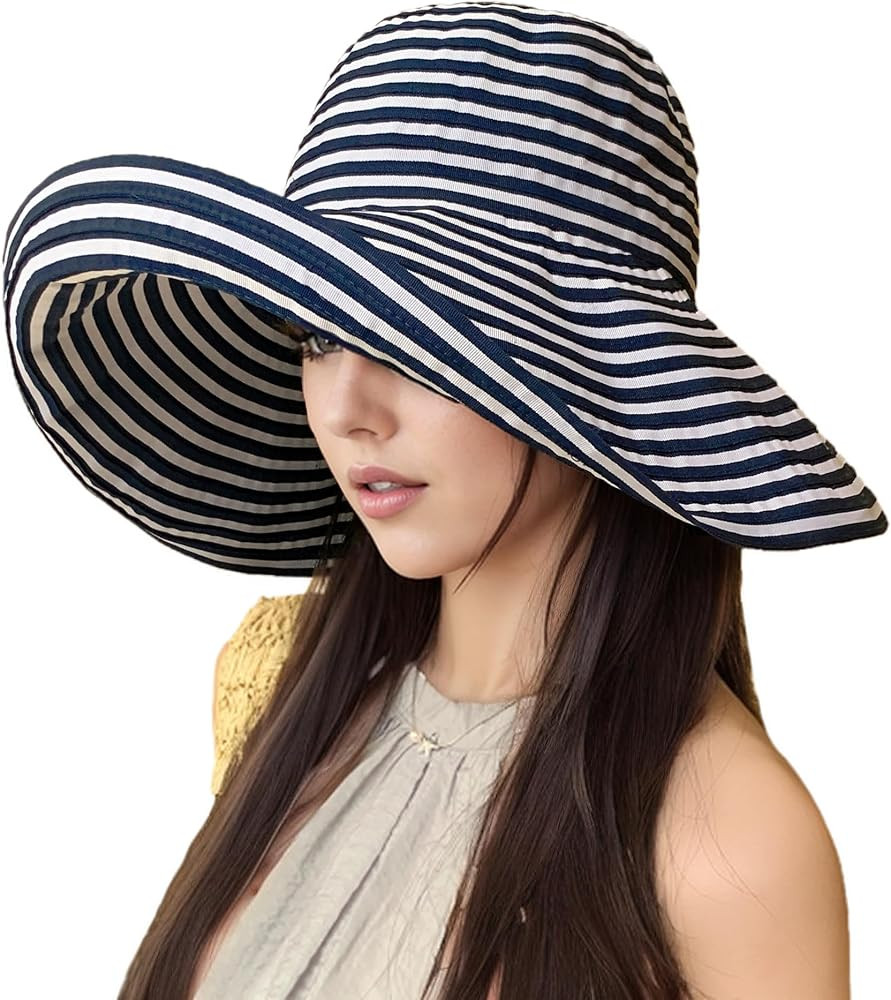 Women Wide Brim Sun Hat Striped Beach Hat UPF 50+ UV Sun Protection Foldable Elegant Holiday Buck... | Amazon (US)