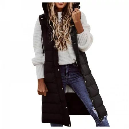 Womens Long Down Puffer Vest with Hood Warm Oversized Thick Fleece Cotton Winter Gilet Parka Jacket  | Walmart (US)