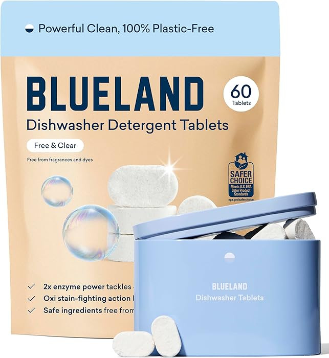 BLUELAND 100% Plastic-Free Dishwasher Detergent Tablets, Starter Set, 60 Count with tin, Free & C... | Amazon (US)