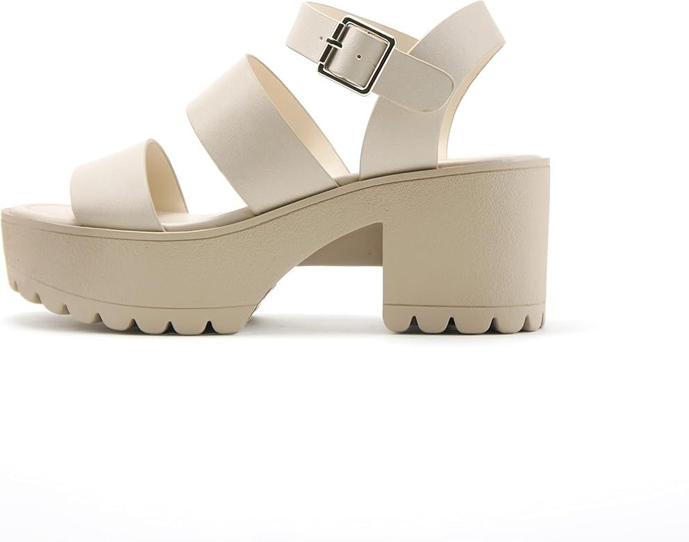 Soda ACCOUNT ~ Women Open Toe Two Bands Lug sole Fashion Block Heel Sandals with Adjustable Ankle... | Amazon (US)