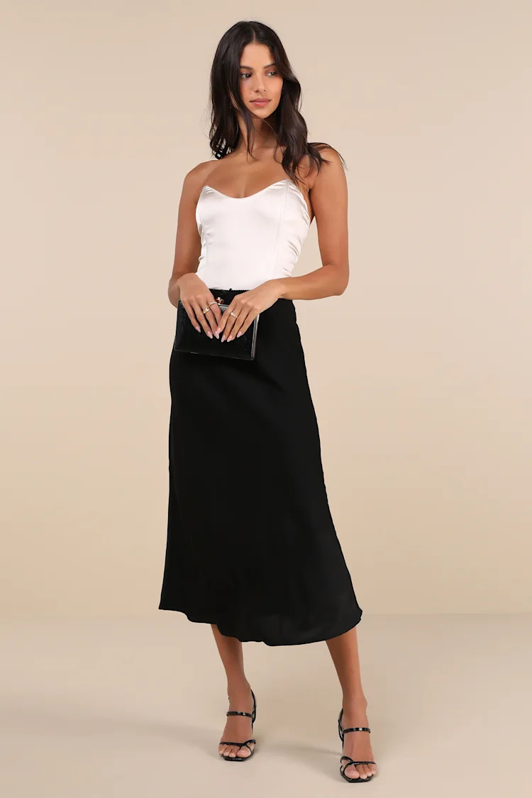 Sleek Proposition Black Satin Bow Midi Skirt | Lulus