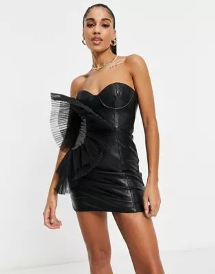 ASOS LUXE leather look tulle fan mini dress in black | ASOS (Global)