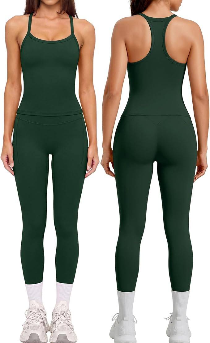 SUUKSESS Women 2 Piece Workout Sets Compression Leggings with Pockets Built in Bra Racerback Tank... | Amazon (US)