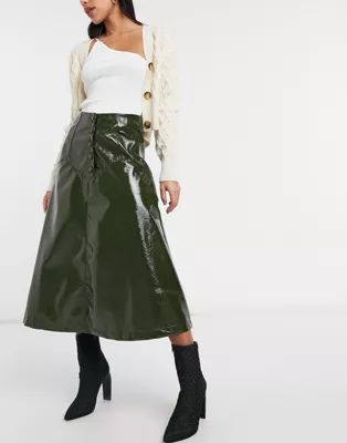 Lost Ink midi circle skirt with button front in olive faux leather | ASOS (Global)