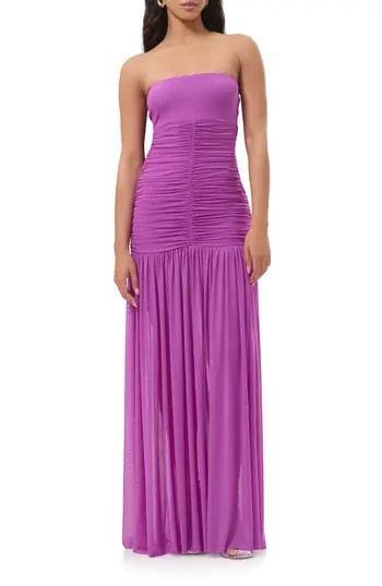 AFRM Denise Polka Dot Ruched Strapless Maxi Dress in Cactus Flower at Nordstrom Rack, Size Medium | Nordstrom Rack