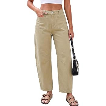 GRAPENT Barrel Jeans for Women Trendy Cropped High Waisted Patch Pocket Baggy Stretch Denim Pants... | Amazon (US)