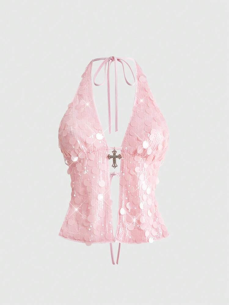 ROMWE Grunge Punk Spring/Summer Valentine's Day Party Punk Rock Diva Party, Festival Music Event New Year Costume, Halter Neck Sexy Sequin Cross Pendant Women Cami Top, Y2K Millennium | SHEIN