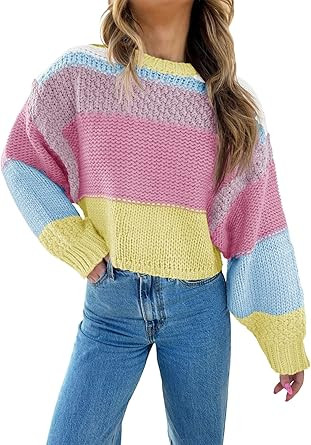 Saodimallsu Womens Color Block Cropped Sweaters 2025 Winter Trendy Casual Oversized Y2k Going Out... | Amazon (US)