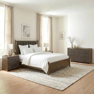 Jordan 4-Piece Dark Walnut Wood King Panel Bedroom Set with 2 Nightstands and Dresser With Faux Leather Panels | The Home Depot