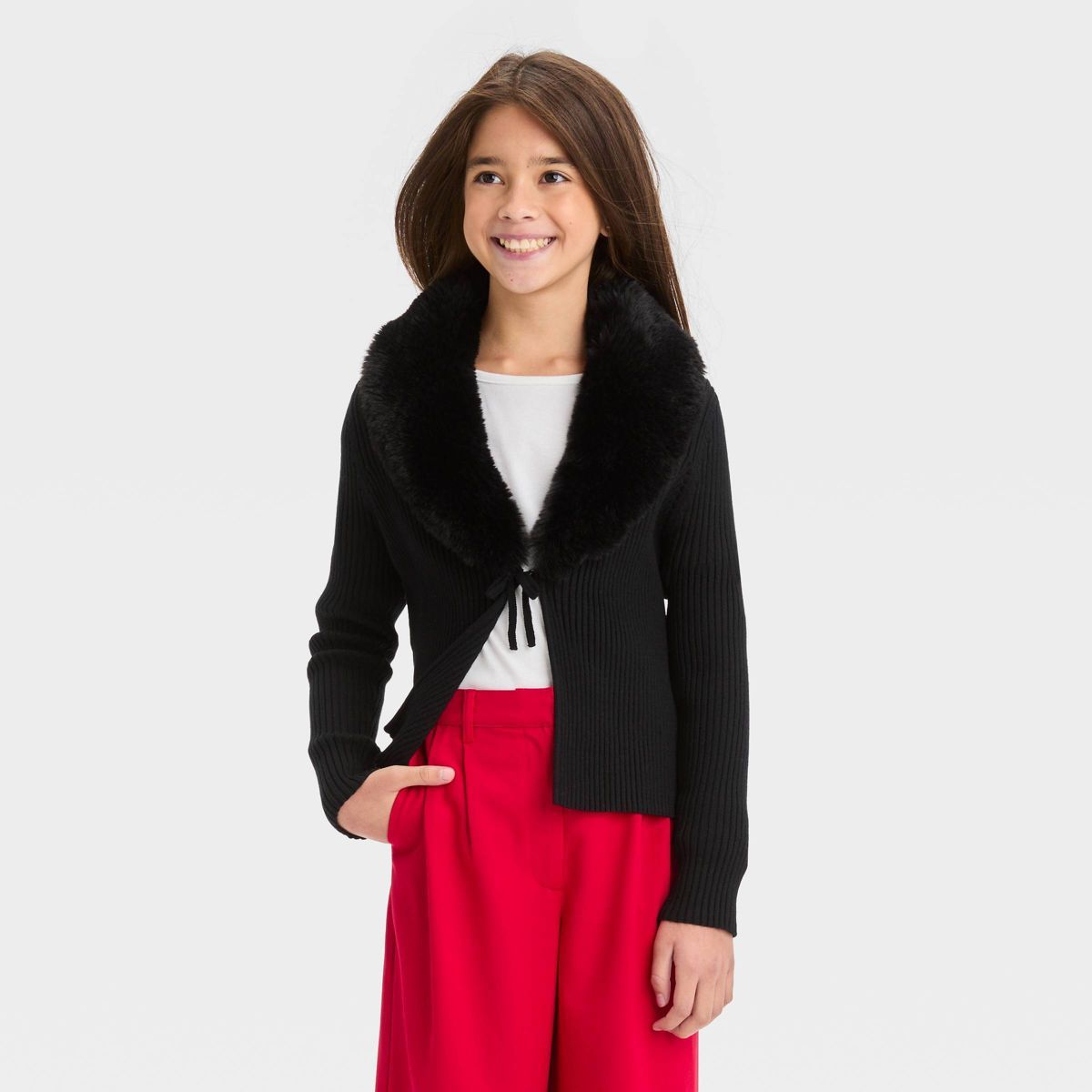 Girls' Faux Fur Collar Cardigan Sweater - art class™ | Target