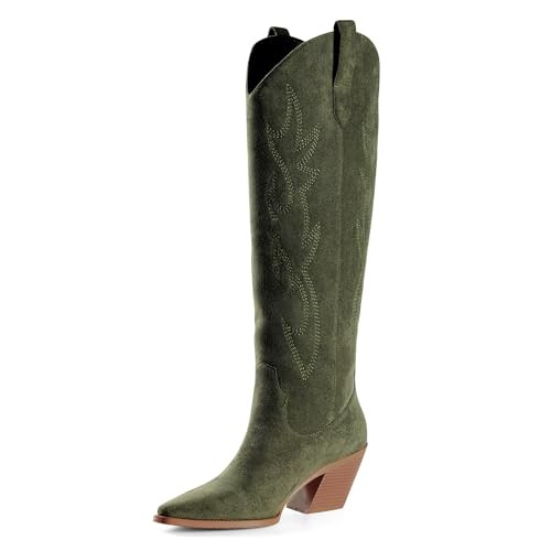 iiimmu Cowgirl Boots Pointed Toe and Block Heel Suede Cowboy Boots for Women with Embroidered, Green, Size 7 | Amazon (US)