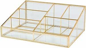 Glass Makeup Organizer Gold Cosmetic Storage Display Case with 6 Compartments for Brushes Lipstic... | Amazon (US)