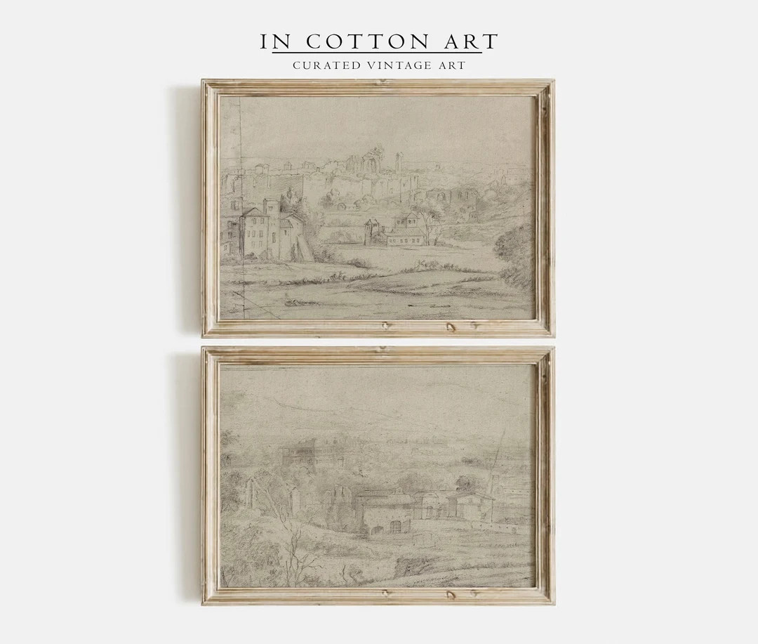 Minimalist Neutral Landscape Wall Art SET / Antique Elegant Sketch Art PRINTABLE / Drawing Farmho... | Etsy (US)