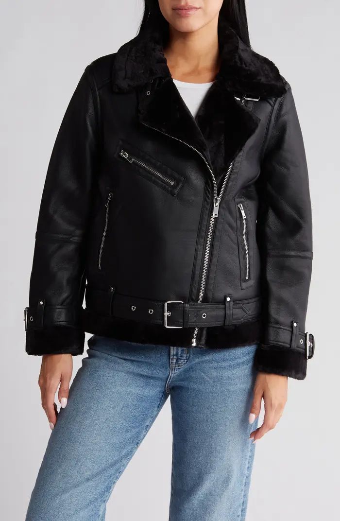 Faux Leather Aviator Jacket with Faux Shearling Trim | Nordstrom Rack