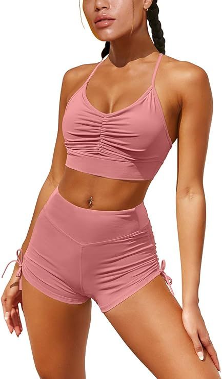OQQ Women 2 Piece Leisure Yoga Workout Outfit Ruched Gym Running Shorts Racerback Sports Bra Set | Amazon (US)