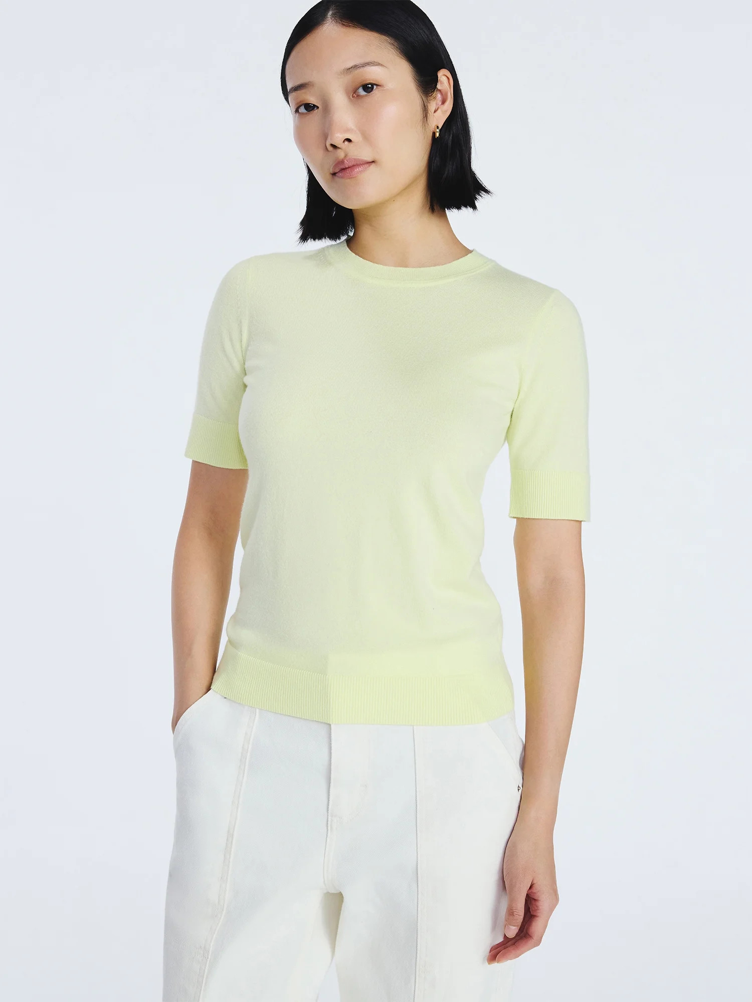 Free Assembly Women's and Women's Plus Cozy Yarn Shrunken Sweater Tee with Short Sleeves, Solid &... | Walmart (US)