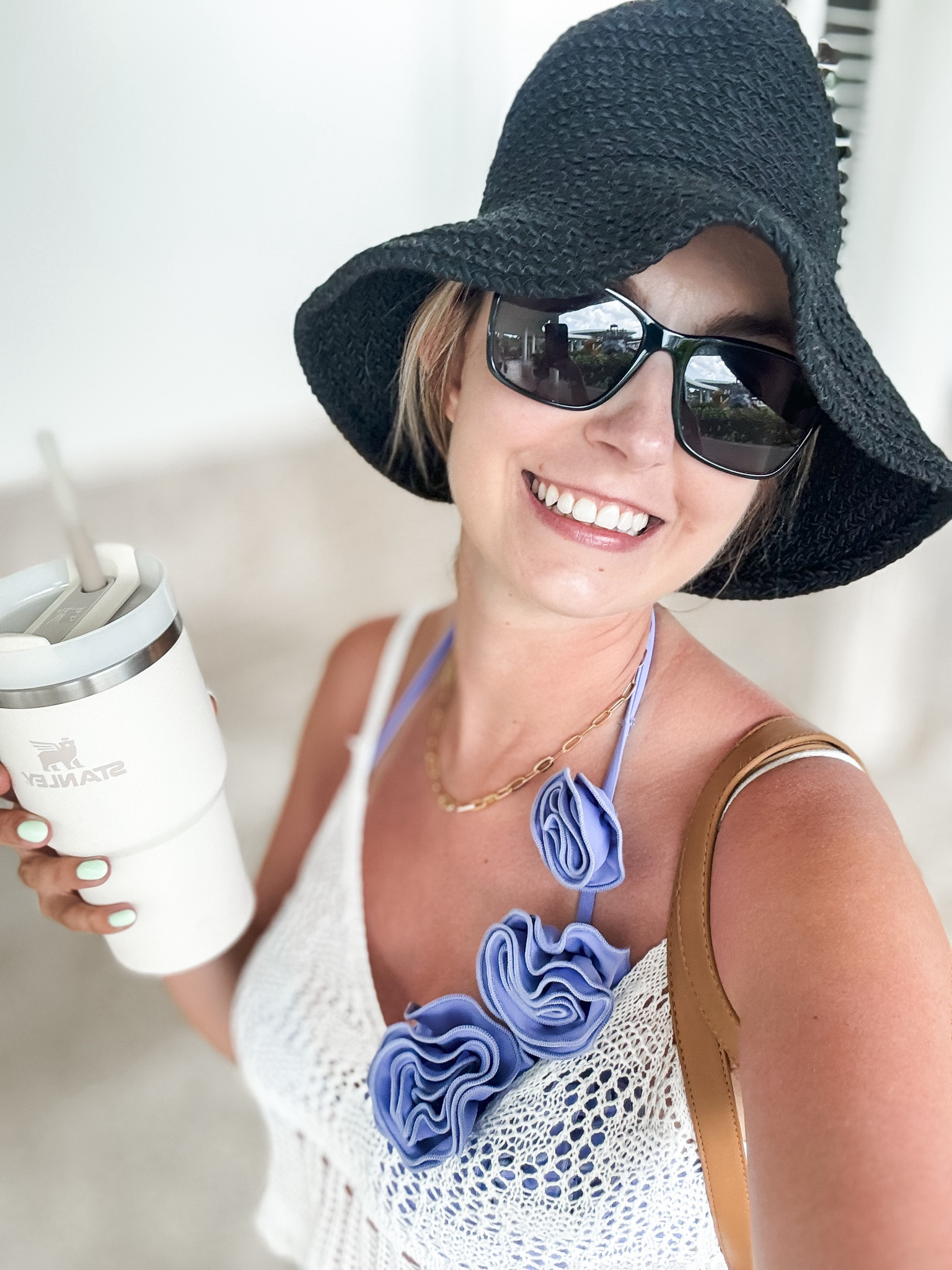 Curaçao vacation - resort wear 

Stanley tumbler • black crochet hat • purple bikini • white crochet top • spring break • beach vacation • summer wear 