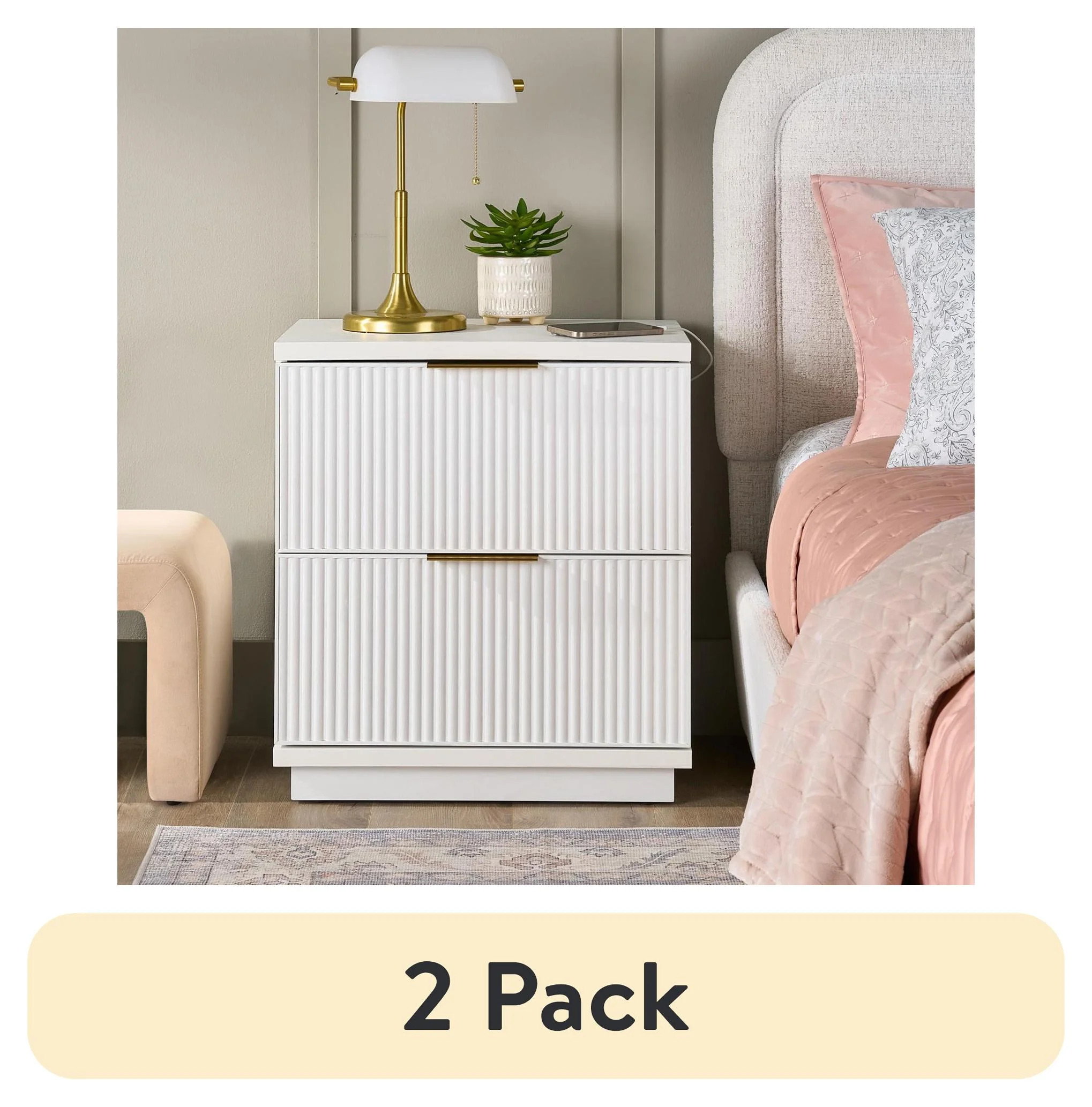 (2 pack) Better Homes & Gardens Lillian Fluted 2-Drawer Nightstand with USB, White Finish | Walmart (US)